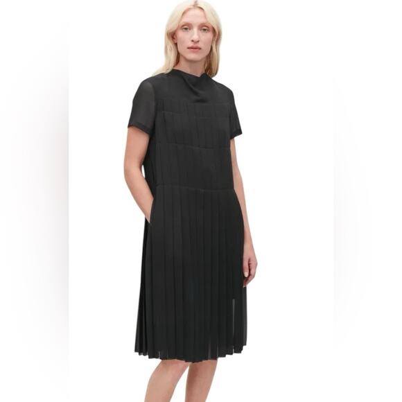 COS Draped Neck Black Pleated Midi Dress size 6 - Picture 1 of 12